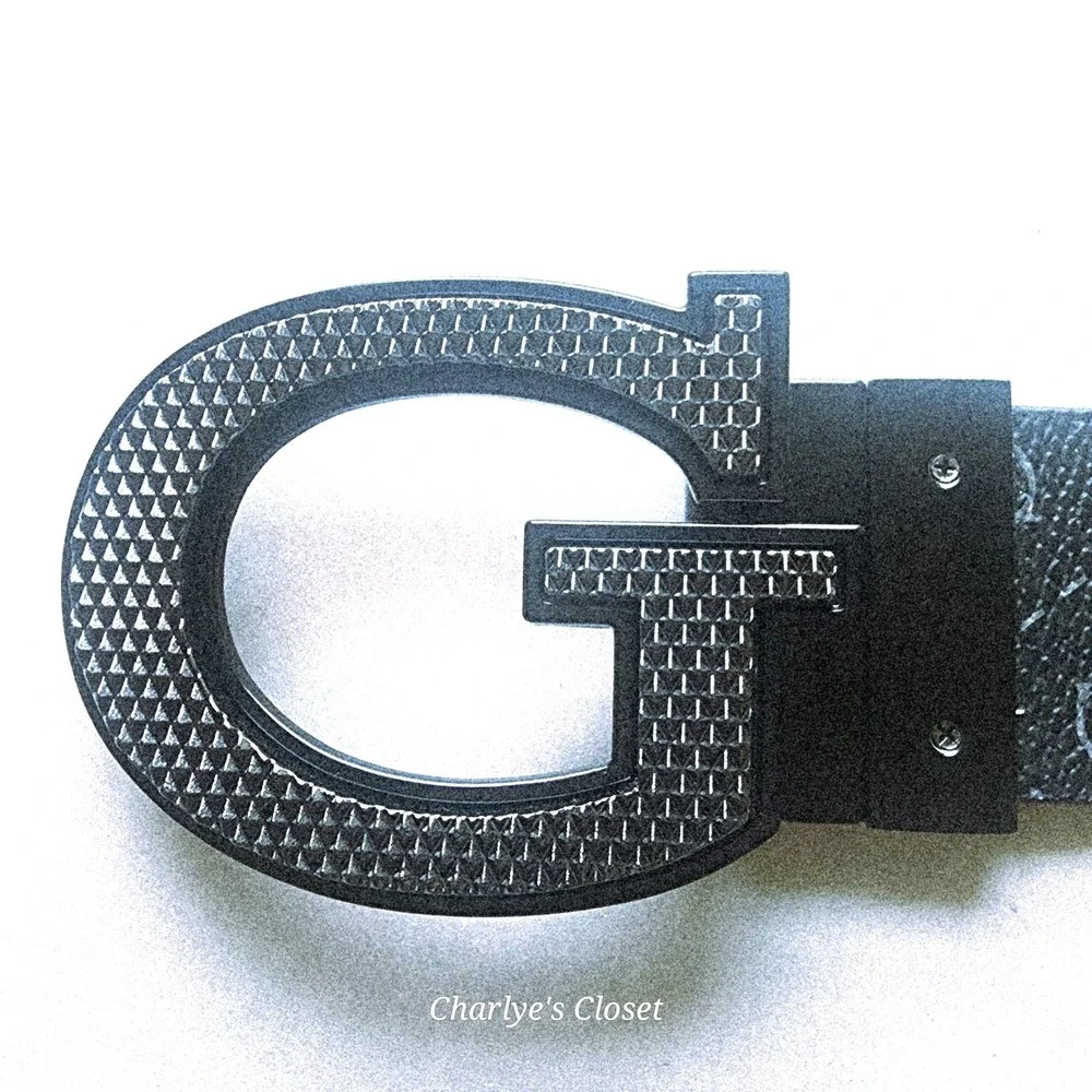 Guess Monogram Logo Belt Mens 32 Grey/Black Excellent Large G Buckle Y2K Vibes
